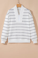 Zip V Neck Casual Stripe Print Drop Shoulder Long Sleeve Top