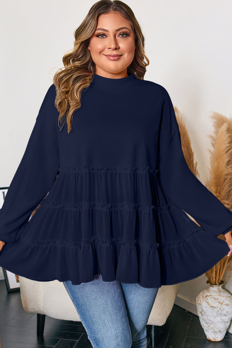 Tiered Ruffle Ribbed Crew Neck Pullover Plus Size Top