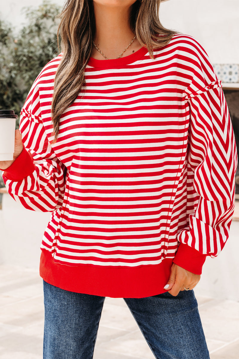 Stripe Exposed Seam Drop Shoulder Casual Pullover Top