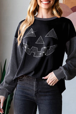 Halloween Rhinestone Pumpkin Face Contrast Ribbed Long Sleeve Patchwork Top