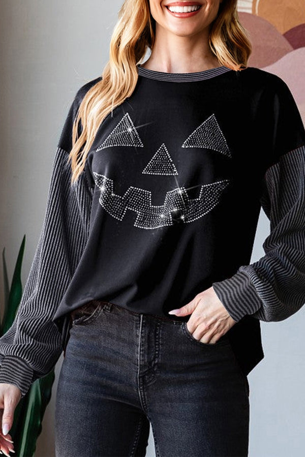 Halloween Rhinestone Pumpkin Face Contrast Ribbed Long Sleeve Patchwork Top