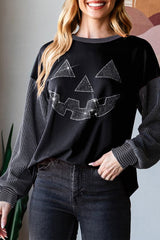 Halloween Rhinestone Pumpkin Face Contrast Ribbed Long Sleeve Patchwork Top