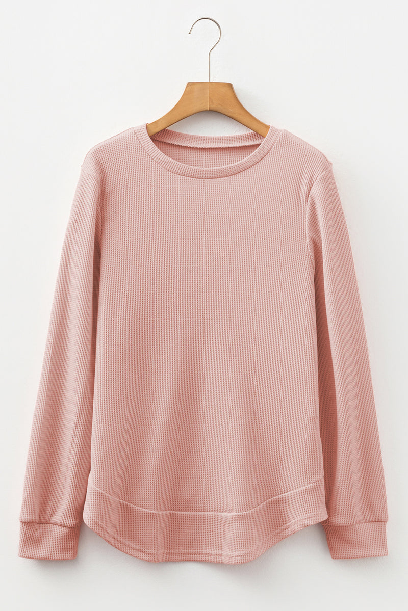 Pink Rounded Hem Waffle Long Sleeve Top