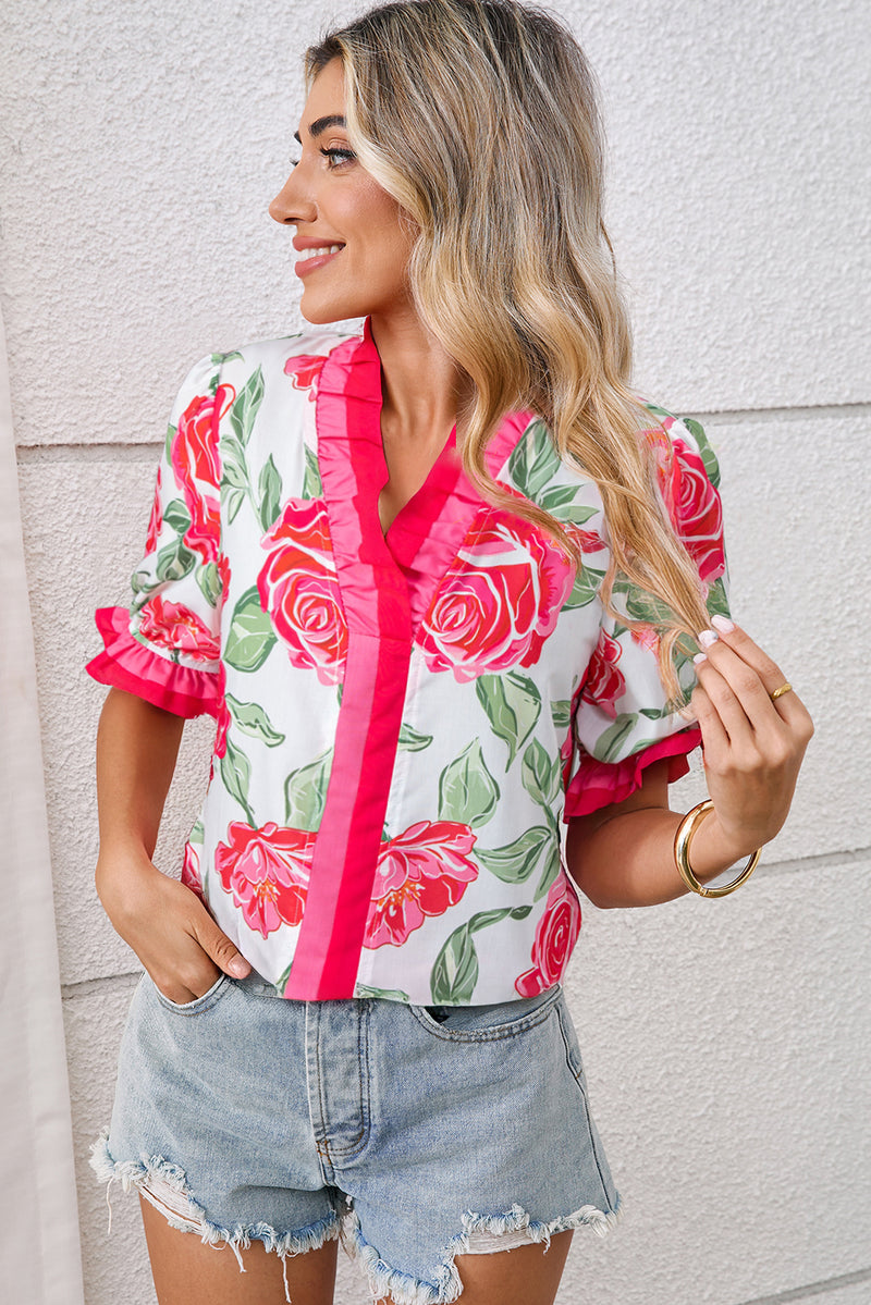 Floral Frilled V Neck Short Sleeve Blouse Top