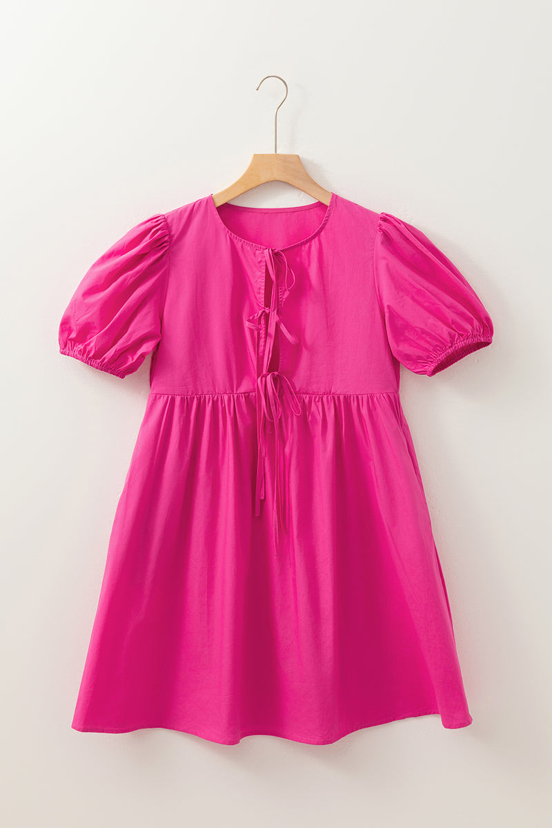 Solid Color Puff Sleeve Tie Front High Waist Mini Dress