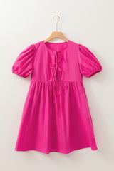 Solid Color Puff Sleeve Tie Front High Waist Mini Dress