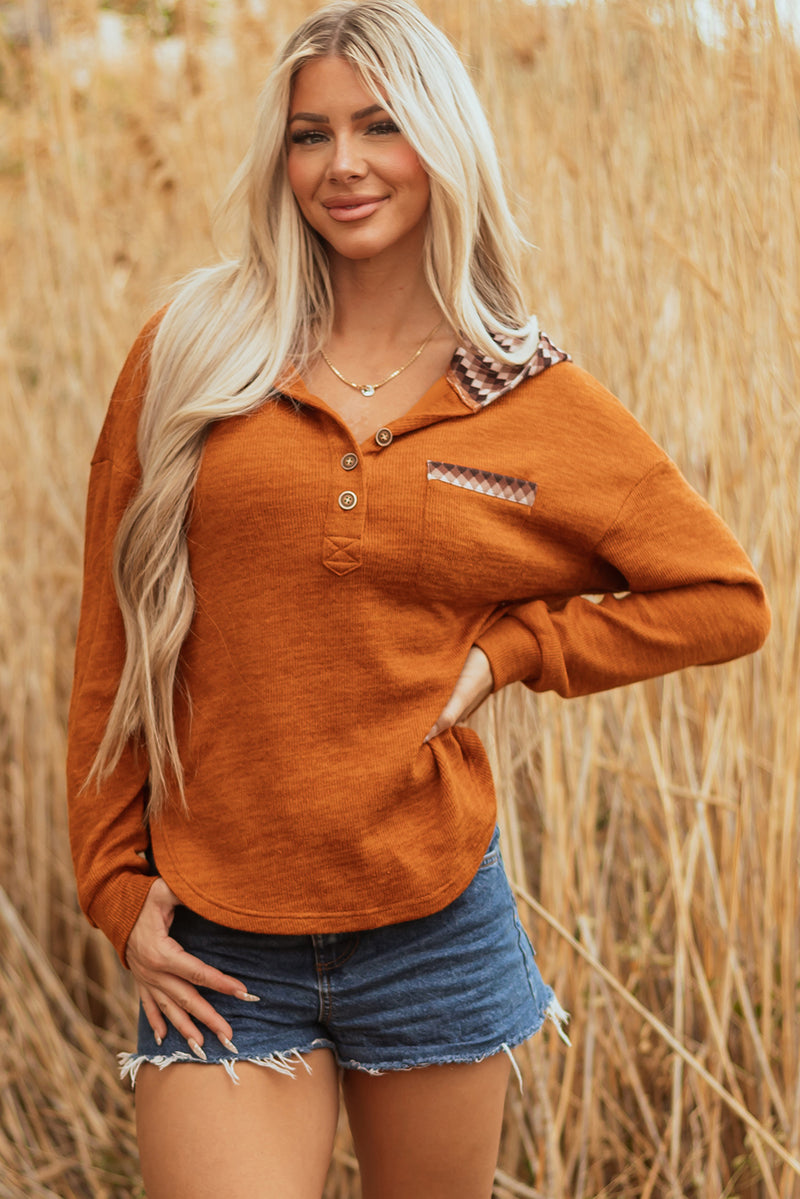 Contrast Plaid Hood Patchwork Chest Pocket Henley Top