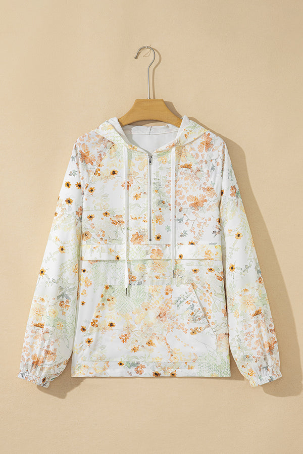 Floral Print Half Zip Hooded Long Sleeve Top