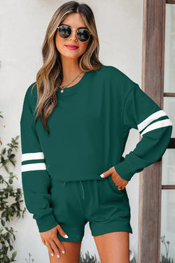 Solid Varsity Striped Sleeve Drop Shoulder Sweatshirt and Short Set