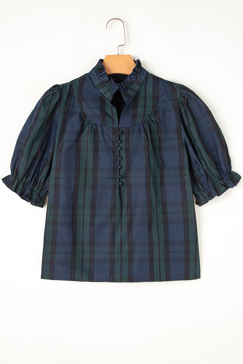 Solid Stripe Plaid Puff Sleeve Frilled Trim Elegant Blouse