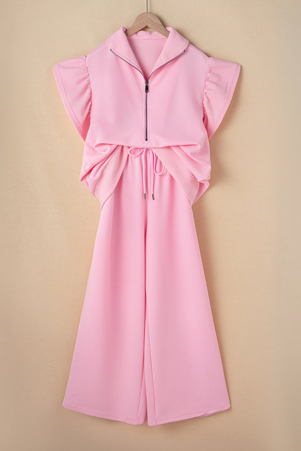 Solid Textured Ruffled Sleeve Zipped Top and Wide Leg Pants Set