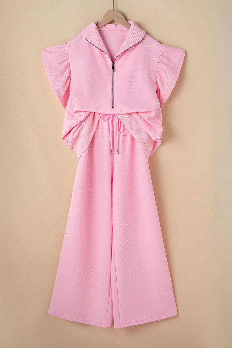 Solid Textured Ruffled Sleeve Zipped Top and Wide Leg Pants Set