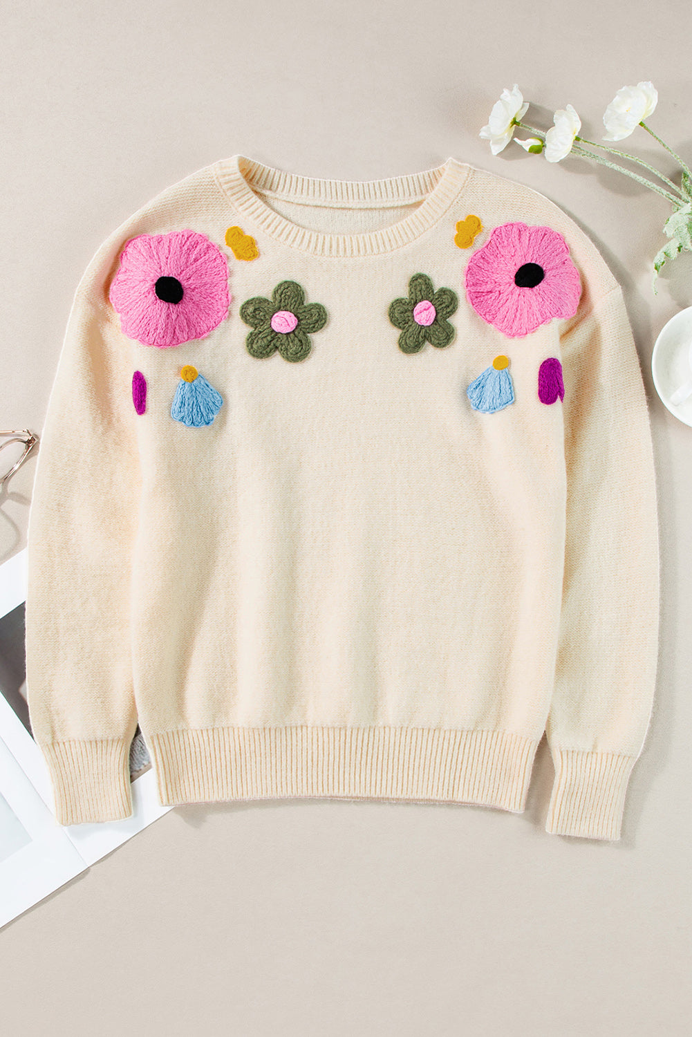 Soft Colored Knitted Flower Pattern Ribbed Edge Sweater
