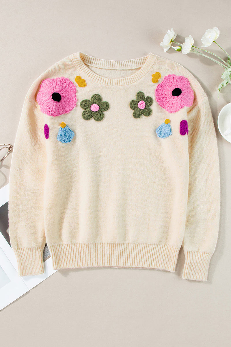 Soft Colored Knitted Flower Pattern Ribbed Edge Sweater