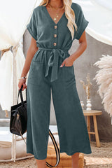 Solid Dolman Button Belted V Neck Wide Leg Pocketed Jumpsuit
