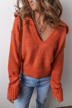 Orange Collared V Neck Ribbed Edge Sexy Elegant Sweater