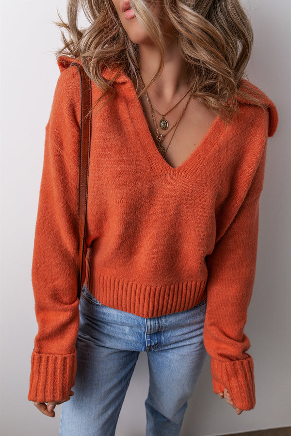 Orange Collared V Neck Ribbed Edge Sexy Elegant Sweater