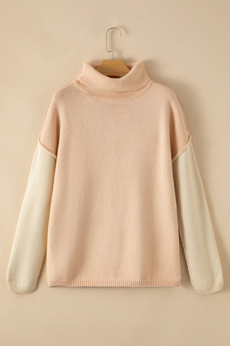 Color Block Turtle Neck Drop Shoulder Knit Sweater