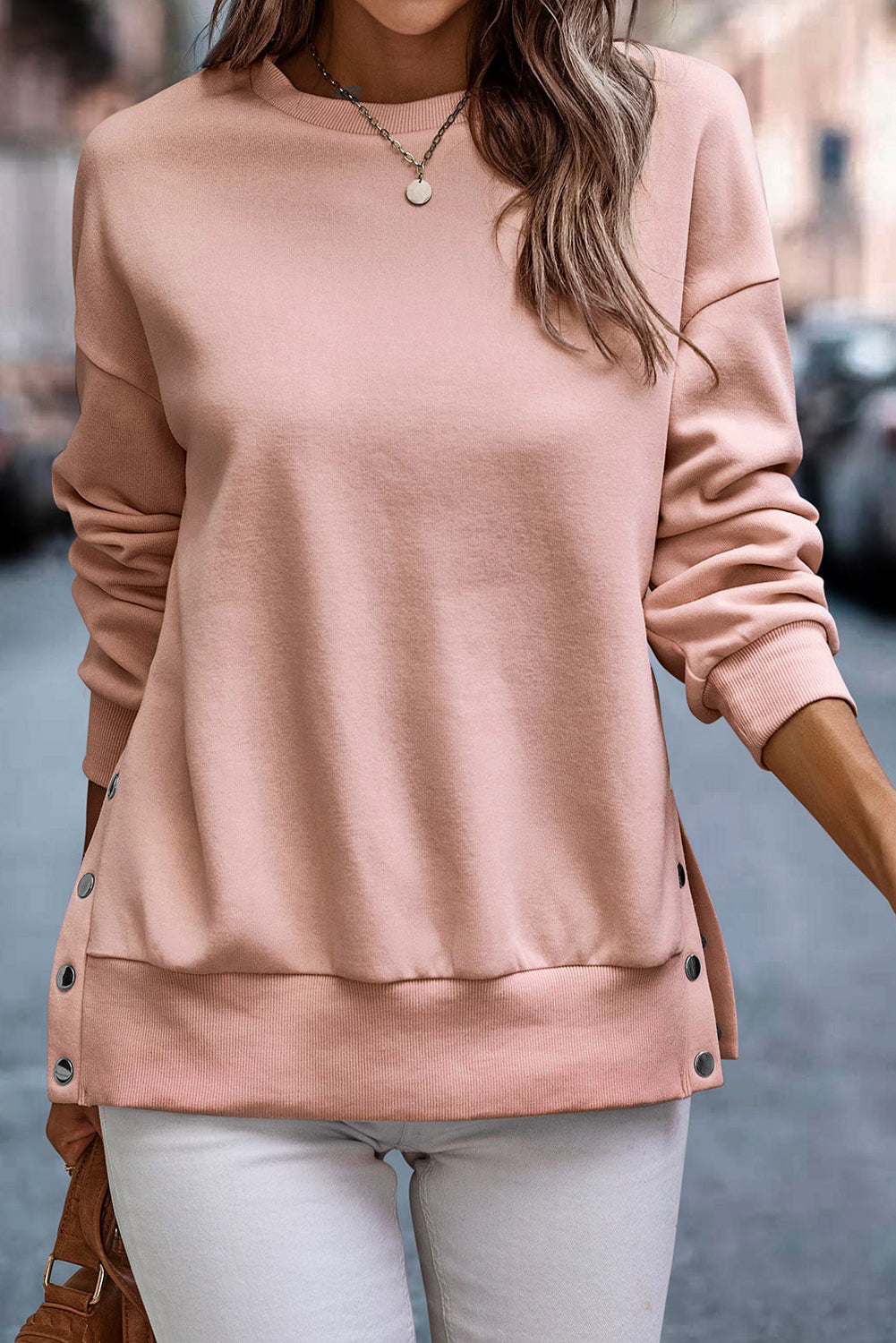 Solid Snap Buttons Side Splits Pullover Sweatshirt