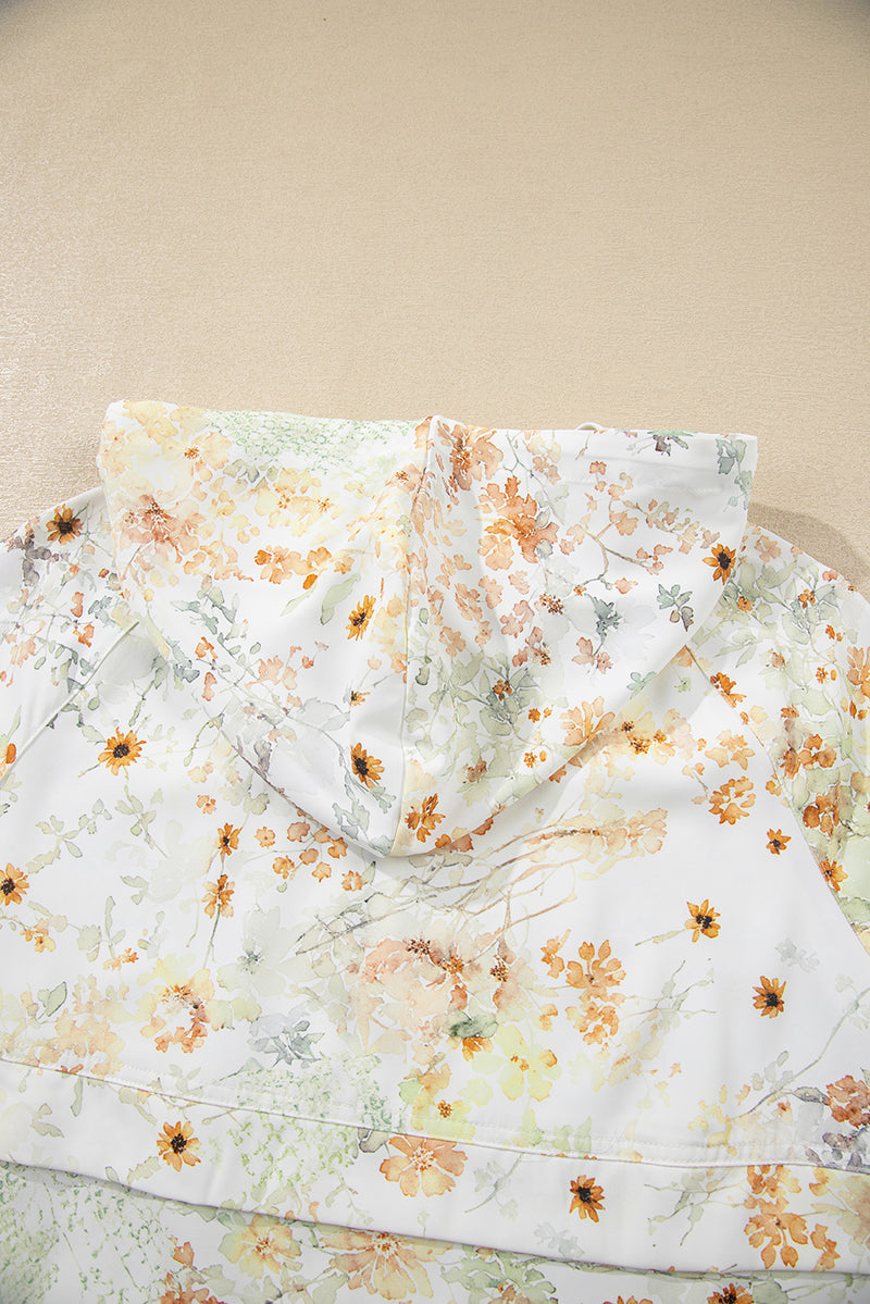 Floral Print Half Zip Hooded Long Sleeve Top