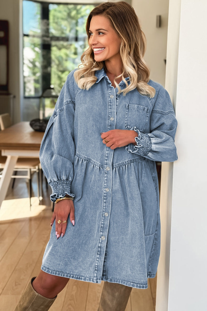 Smocked Cuffs Flared Denim Shirt Mini Dress