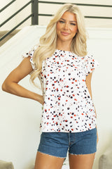 Abstract Print Ruffle Flutter Sleeve Keyhole Back Slim Blouse