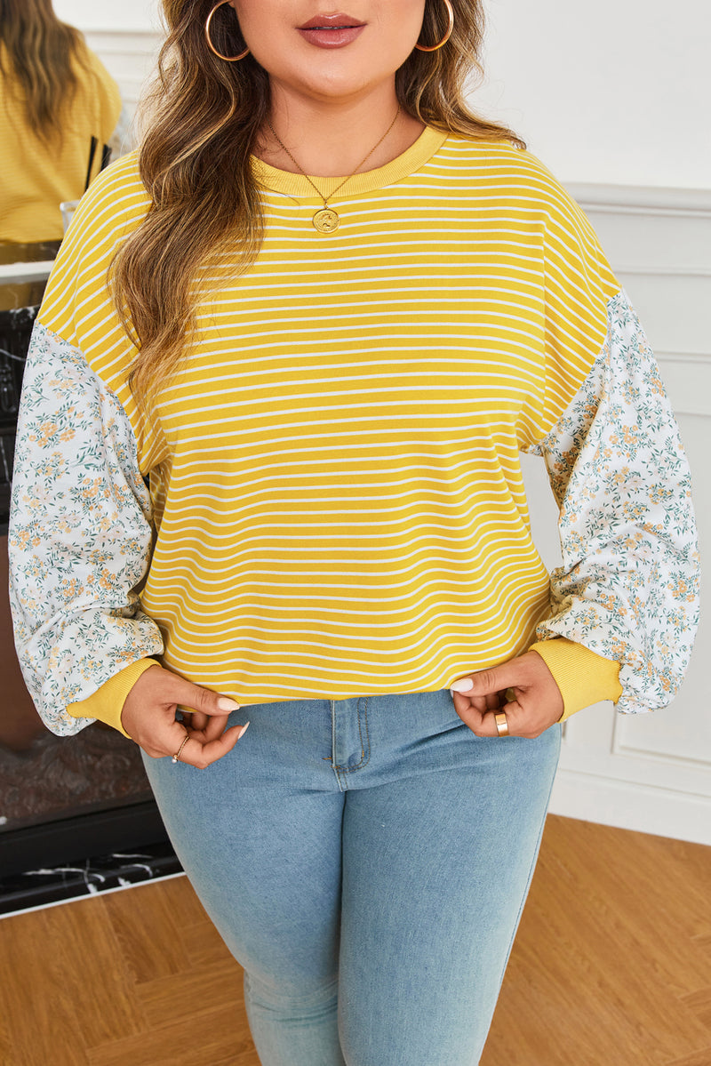 Stripe Striped Contrast Floral Sleeve Patchwork Plus Size Loose Top
