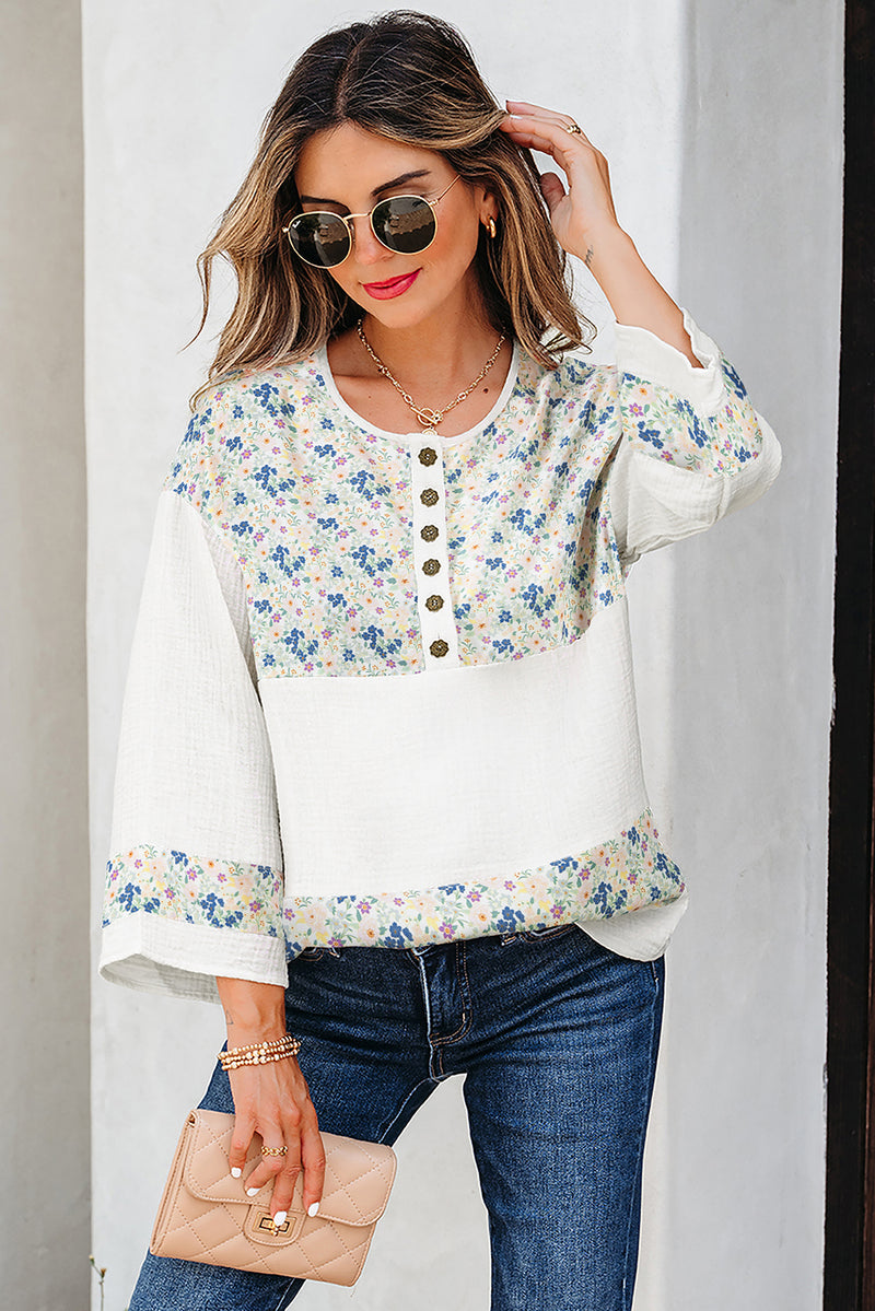 Floral Print Gauze Patchwork Henley Button 3/4 Sleeve Blouse