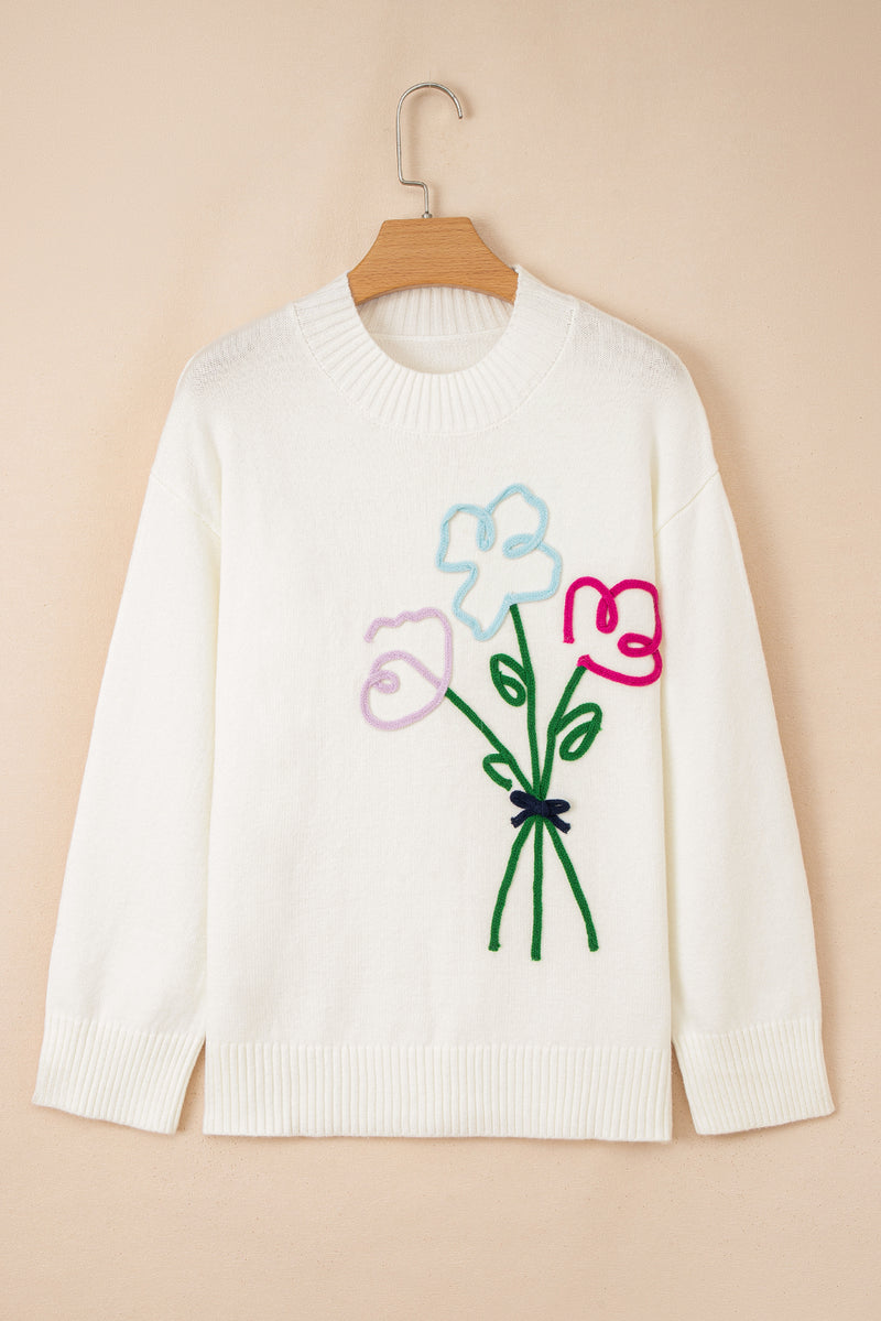 Embroidered Flower Bouquet Ribbed Trim Loose Sweater