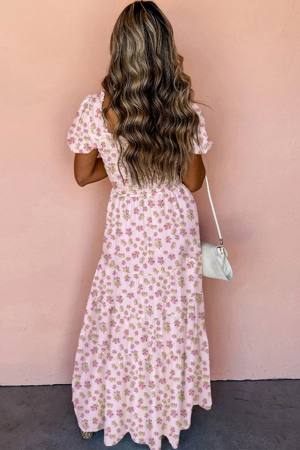 Frilly Shirred Bodice Tiered Floral Maxi Dress