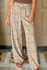 Khaki Leopard Drawstring Elastic Waistband Loose Pants