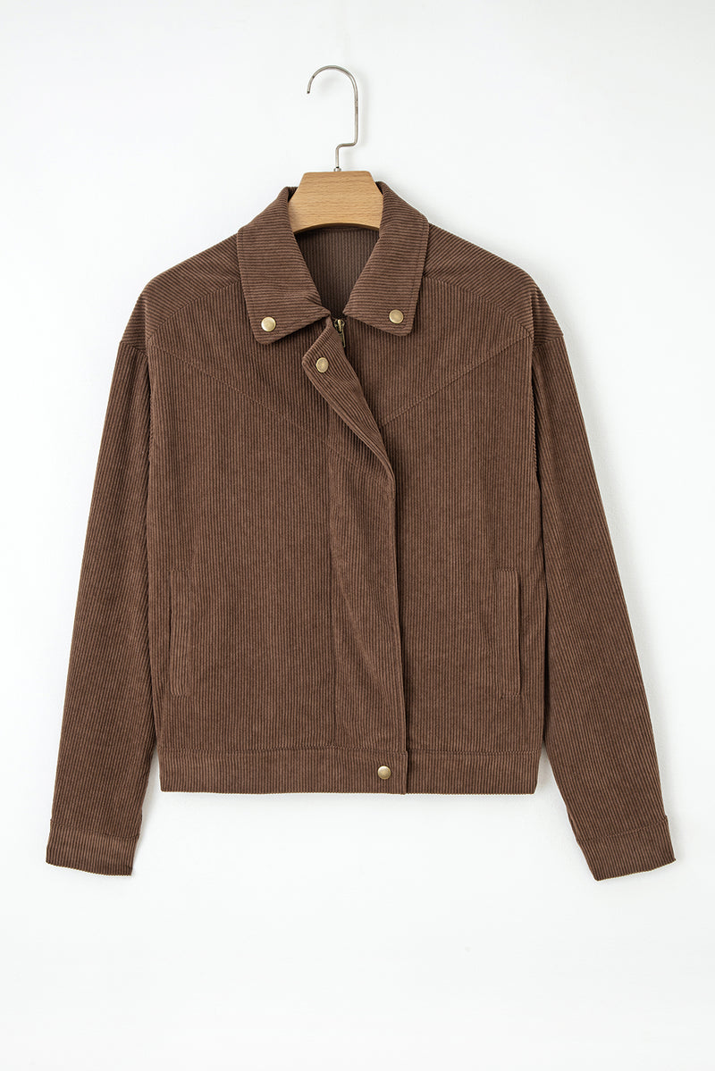Button Zip Up Lapel Collar Corduroy Jacket