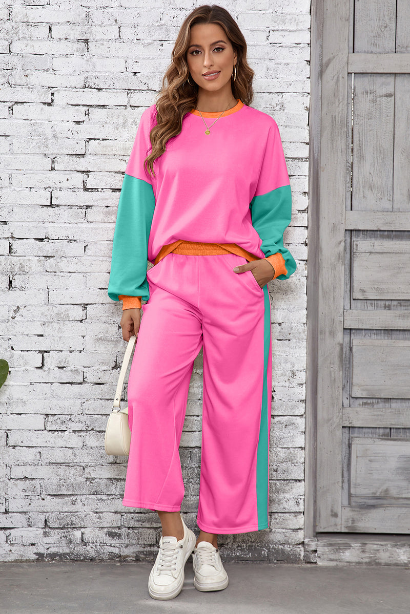 2pcs Color Block Pullover Loose Pant Set