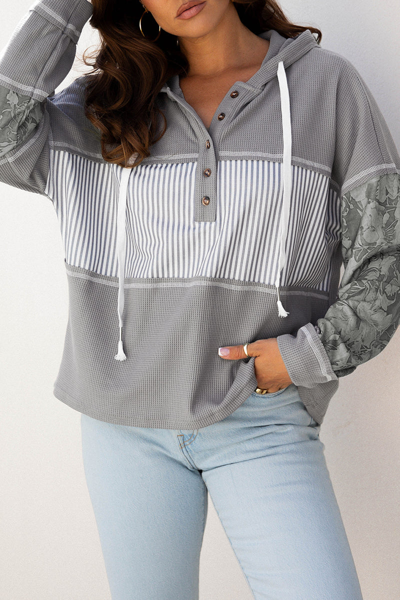 Waffle Printed Patchwork Drawstring Hooded Long Sleeve Top