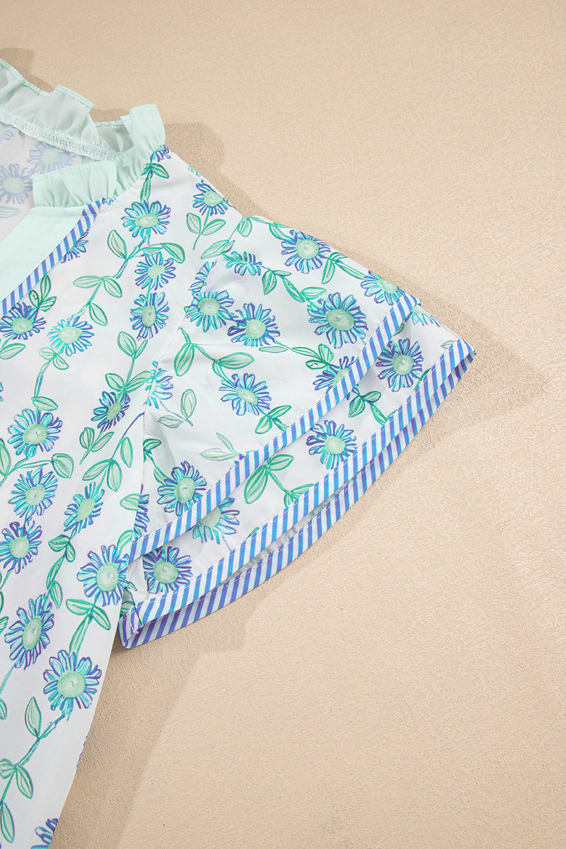 Floral Print Striped Detail Contrast V Neck Patchwork Flutter Sleeve Blouse