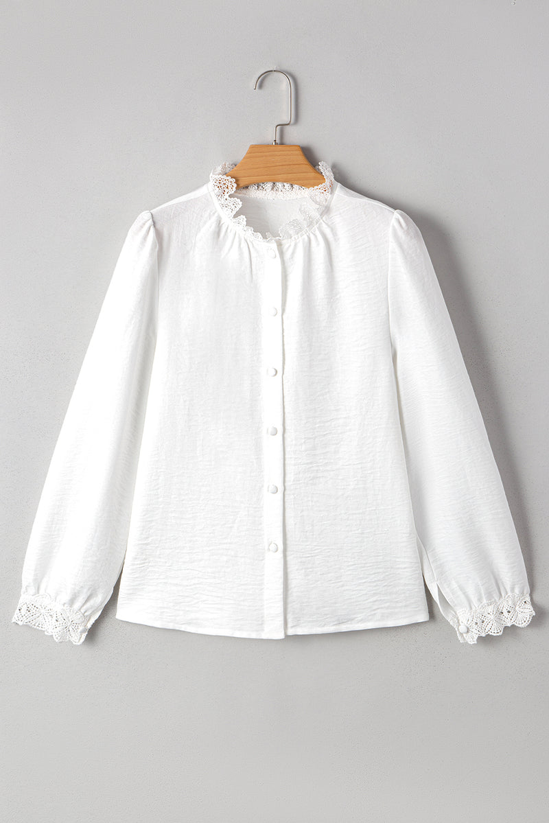 Lace Patchwork Buttoned Stand Neck Loose Shirt
