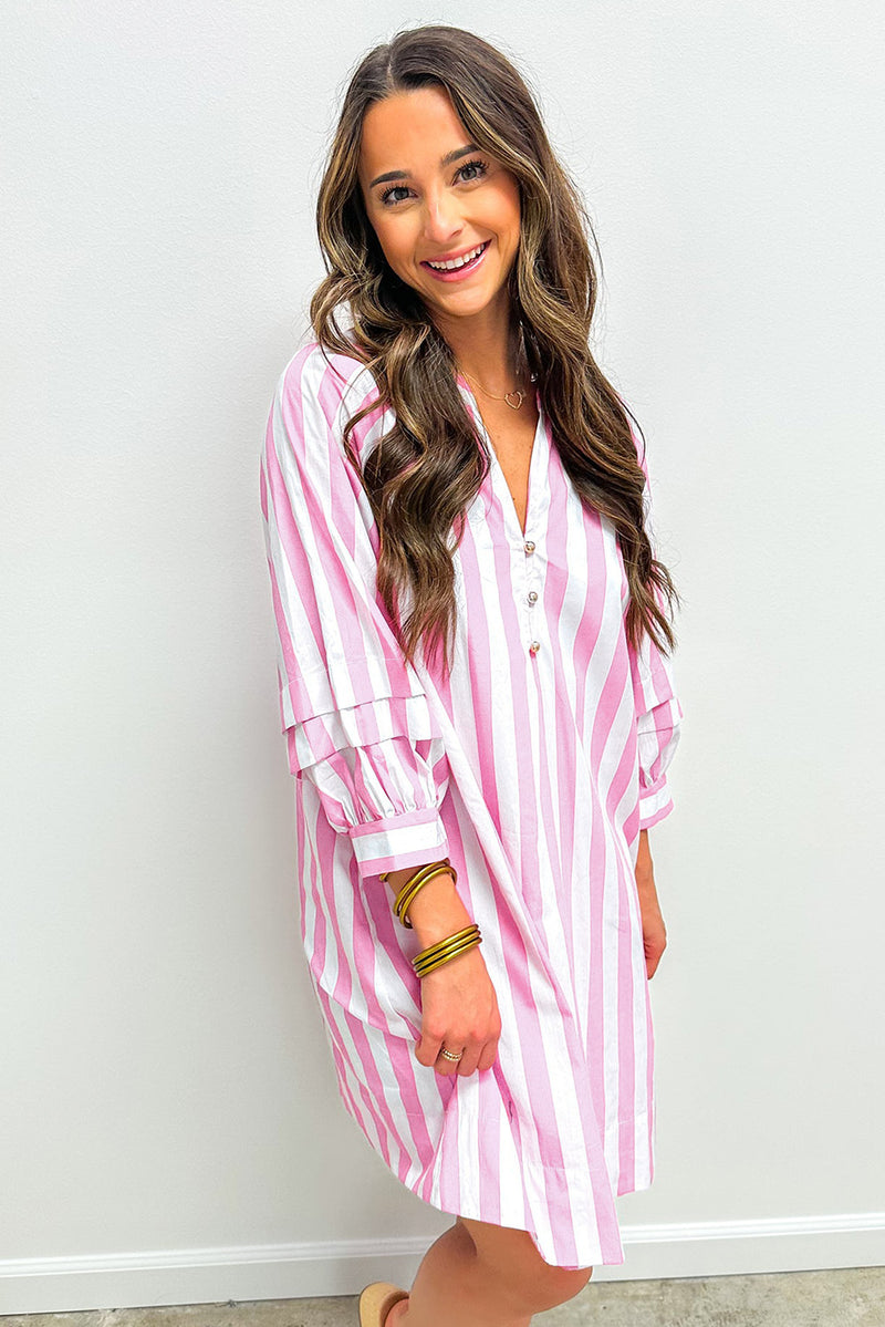 Stripe Bracelet Sleeve Buttons Loose Mini Dress
