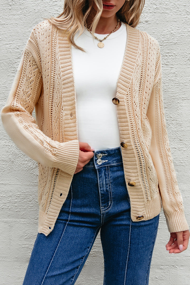 Solid Open Knit Drop Shoulder Sweater Cardigan