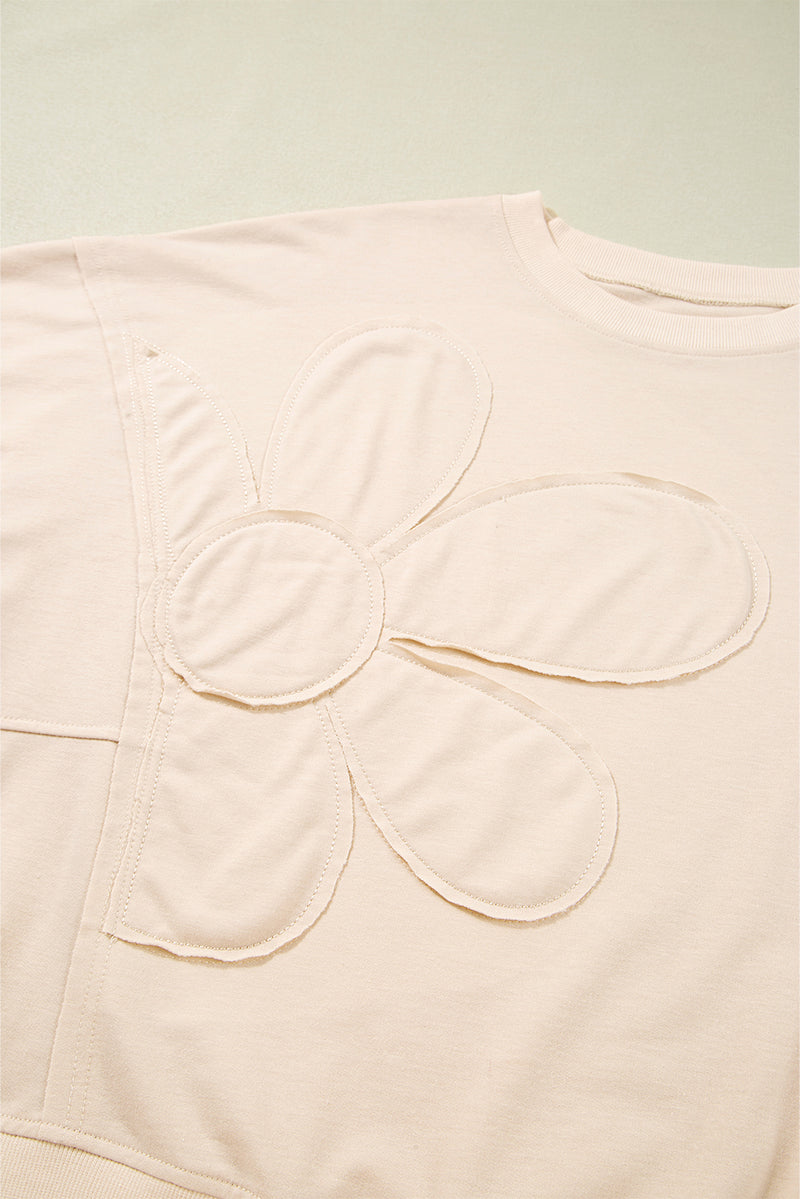 Raw Edge Flower Patch Drop Shoulder Casual Top