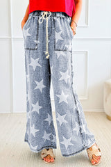 Star Print Light Wash Drawstring High Waist Wide Leg Jeans