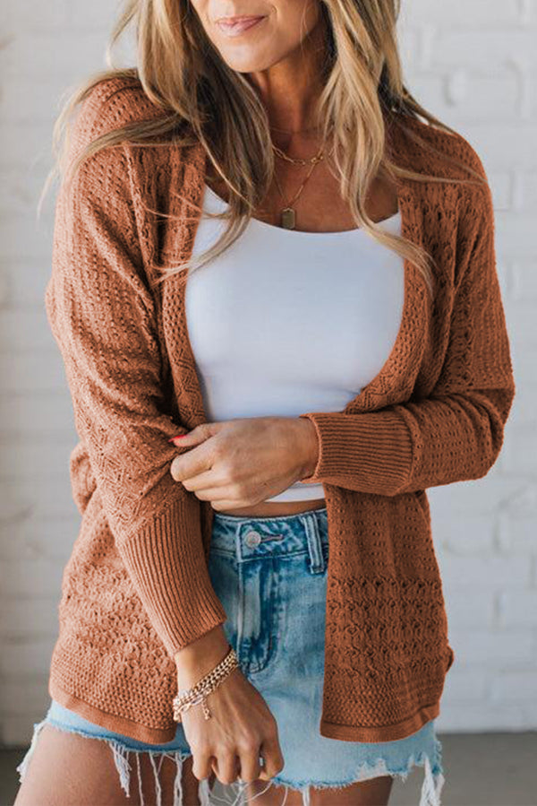 Brown Mix Pattern Hollowed Knit Open Front Cardigan