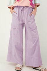 Mineral Wash Exposed Seam Drawstring High Waist Wide Leg Cargo Pants