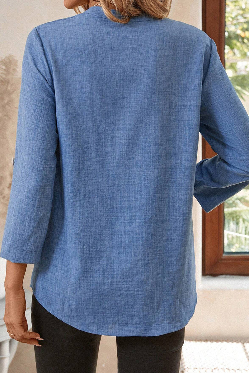 Blue Solid Color Notched V Neck Roll up 3/4 Sleeve Blouse