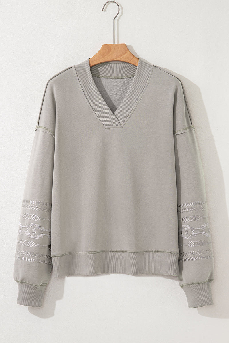 Beige Aztec Embroidered Western V Neck Sweatshirt