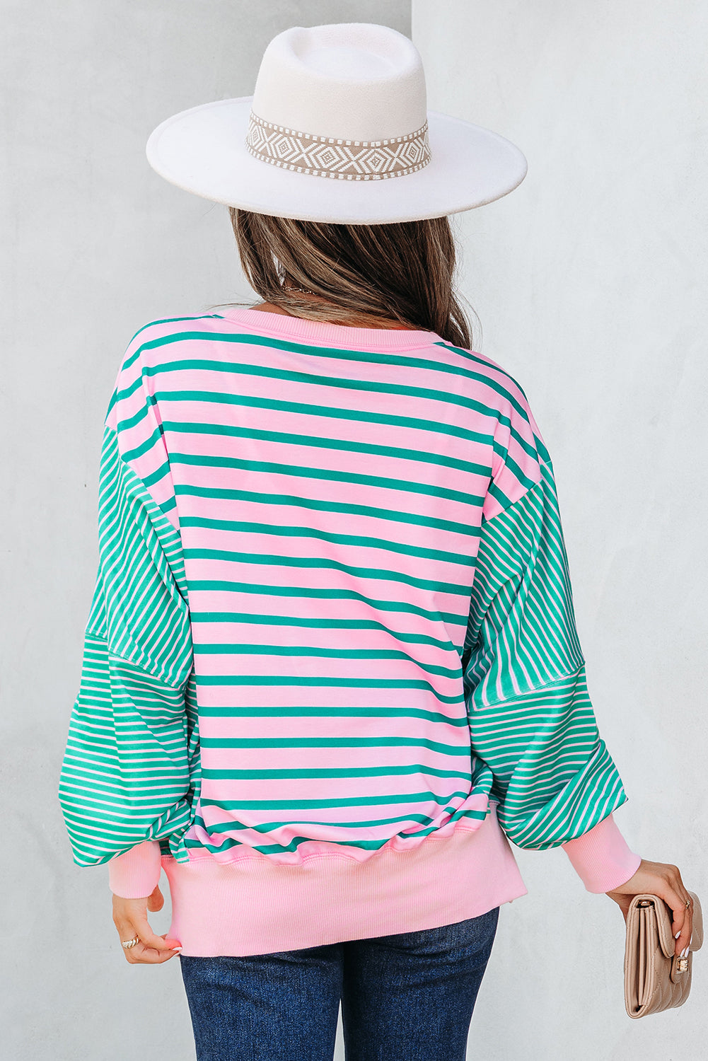 Stripe Mix Pattern Color Block Patchwork Side Slit Baggy Sweatshirt