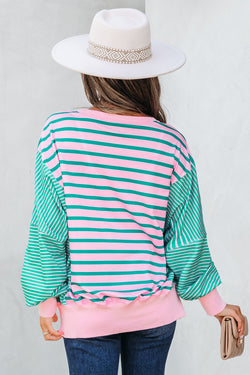 Stripe Mix Pattern Color Block Patchwork Side Slit Baggy Sweatshirt