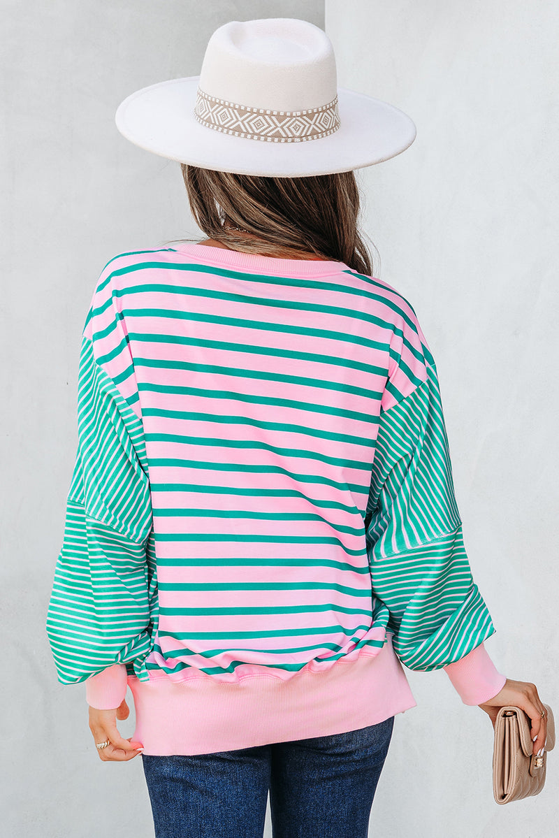 Stripe Mix Pattern Color Block Patchwork Side Slit Baggy Sweatshirt