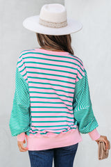 Stripe Mix Pattern Color Block Patchwork Side Slit Baggy Sweatshirt