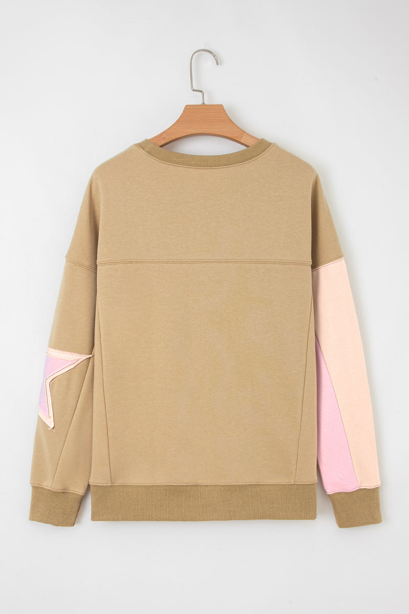 Contrast Star Patchwork Exposed Seam Uneven Hem Drop Shoulder Sweatshirt