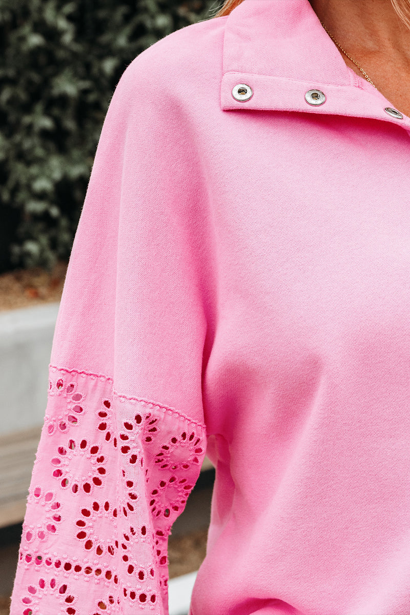 Embroidered Flower Patchwork Snap Buttons Pullover Sweatshirt